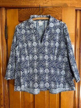 VINTAGE Cali Girls Split‎ V Neck 3/4 Sleeves Blue Pattern Shirt Blouse Woman's L